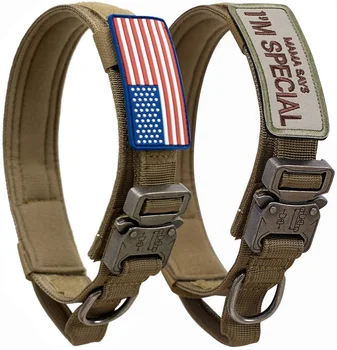 Тактический ошейник для собак с американским флагом США - Военная Толстая ручка, сверхпрочный нейлон, Регулируемая металлическая пряжка K9