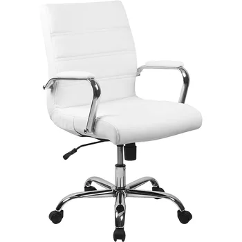 Рабочее кресло Whitney со средней спинкой - Белое офисное кресло для руководителей из мягкой кожи с хромированной рамой - Поворотное кресло
