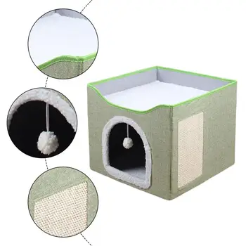 Мягкая Фланелевая Ткань Cat Nest Уютная Кровать Cat Nest Двухслойное Убежище для Кошек с Когтеточкой Складной Кубический Дизайн для Домашних Кошек
