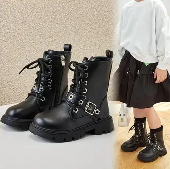 Зимние ботинки для девочек Зима 2023 плюс бархатные теплые хлопчатобумажные ботинки для маленьких принцесс Модные короткие ботинки Кожаные ботинки для мальчиков кроссовки