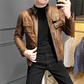 Новое Ретро Молодежное Мужское свободное Корейское пальто из искусственной кожи с лацканами 