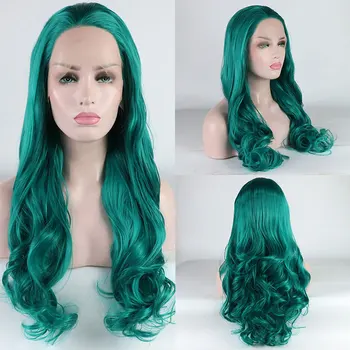 Парик из синтетических волос на кружеве зеленого цвета с объемной волной, термостойкие волокнистые волосы, естественная линия роста волос, свободный пробор Для белых женских париков