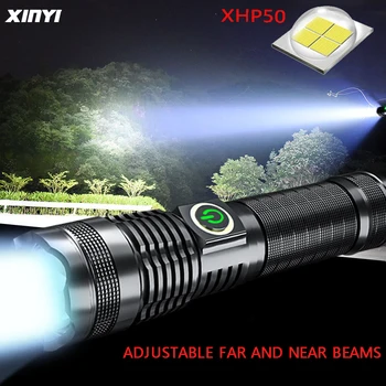 Светодиодный фонарик высокой освещенности XHP50 Torch, USB-зарядка, 5 режимов Фонарик с возможностью масштабирования и индикацией мощности,1*26650/1*18650 аккумулятор