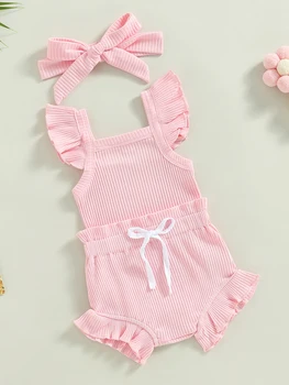 Комбинезон с цветочным принтом для маленьких девочек, рукавами с оборками и повязкой на голове в тон - очаровательный комплект летней одежды для младенцев