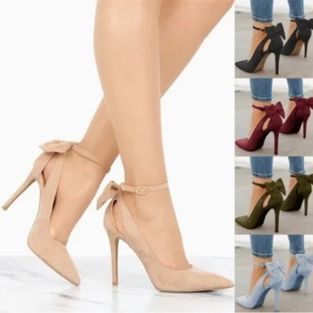 Женские туфли на высоком каблуке с острым носком, женские туфли на тонком каблуке, женские сексуальные туфли-лодочки, женские туфли с ремешком и пряжкой, женская модная обувь с бантом, Большие размеры 35-43