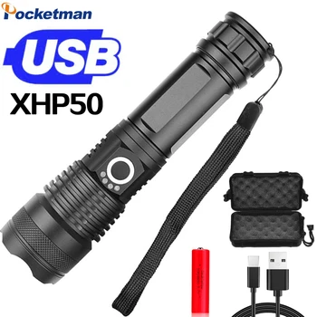 Портативный светодиодный фонарик XHP50 USB Перезаряжаемый тактический фонарь Ультра Яркий 5 режимов 18650 Фонари для кемпинга Рыбалки Охоты