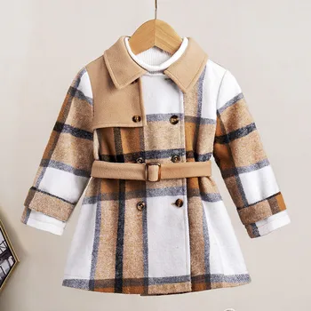 Кукольный воротник для девочки в клетку, дизайн на пуговицах, пальто с поясом, зимние ветрозащитные пальто, детская теплая флисовая верхняя одежда в клетку, куртка от 1 до 5 лет