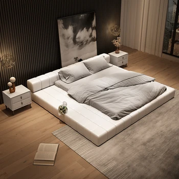 Кровать, изготовленная на заказ, итальянская чрезвычайно простая кожаная кровать, легкая роскошная простая кровать для пола в главной спальне, низкая кровать