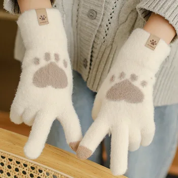Модные перчатки с принтом Кошачьих лап, вязаные перчатки с сенсорным экраном мобильного телефона, Зимние толстые и теплые Мягкие пушистые перчатки для взрослых, женские