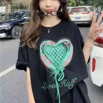 Женская футболка из хлопка с коротким рукавом и принтом Summer Love на шнуровке, универсальная студенческая корейская мода, свободный топ, женская одежда
