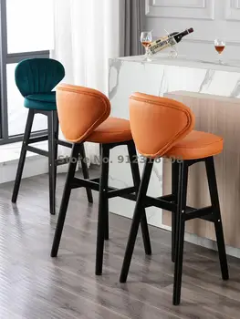 Легкий роскошный барный стул из массива дерева, бытовой современный простой табурет с высокой спинкой и ножками, барный стул для стойки регистрации, чистый красный барный стул