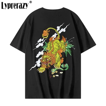 Lyprerazy Унисекс, футболка с вышивкой Pixiu в китайском стиле с короткими рукавами, летние хлопковые топы и футболки National Tide