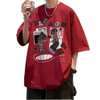 Летняя мужская футболка с круглым вырезом, молодежная приталенная хип-хоп Уличная Аниме-печать, Повседневная одежда из чистого хлопка с коротким рукавом
