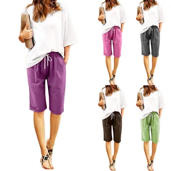 Женские летние хлопчатобумажные брюки Шорты с высокой талией Шнуровка Карман для пляжной тренировки Пятиточечные брюки