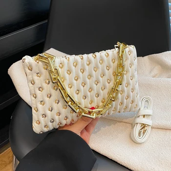 модная женская сумочка на толстой цепочке, Роскошная дизайнерская женская сумка, расшитая блестками, Стеганая женская сумка через плечо