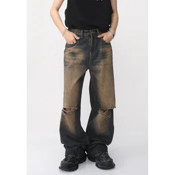 Летние мужские джинсы с металлическими пуговицами 2023, Модные повседневные брюки, Свободная Новая уличная одежда в стиле ретро, Брюки синего цвета S-XL