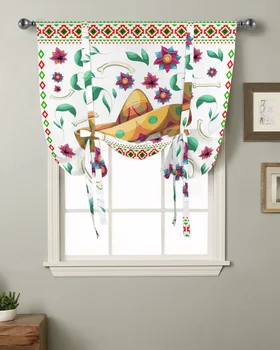Мексиканский череп, соломенная шляпа, цветок, белая кухня, короткая занавеска на окне, современный домашний декор, маленькое окно, римские занавески на завязках