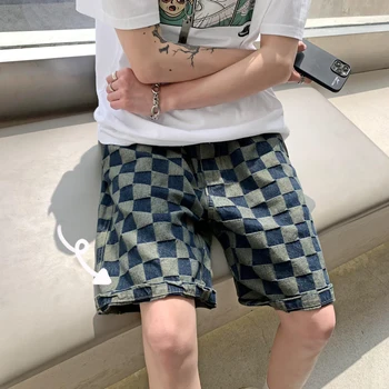 Gmiixder Джинсовые шорты в клетку в стиле ретро, мужские трендовые свободные полуботинки Harajuku 2023, Летние повседневные короткие брюки в гонконгском стиле