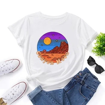 Модная женская хлопчатобумажная футболка с креативным рисунком пейзажа заката, повседневные женские топы с коротким рукавом