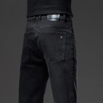 Классические Мужские черные свободные прямые джинсы Осень Зима, деловые Повседневные брюки из эластичной мягкой ткани, мужские брендовые брюки