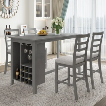 Серый Многофункциональный обеденный стол из каучукового дерева из 5 предметов с мягкими стульями и встроенным винным отделением на 9 бар.