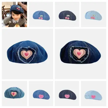 Синяя Ковбойская кепка-берет, Летняя Джинсовая Восьмиугольная шляпа Y2K с рисунком сердца, капот для студентов
