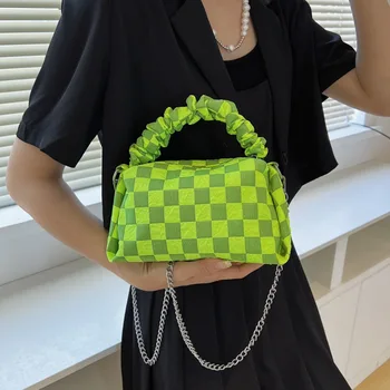 Женская сумка 2023 года Новая клетчатая сумка из нейлоновой ткани Популярная сумка через плечо с плиссированной цепочкой в шахматном порядке