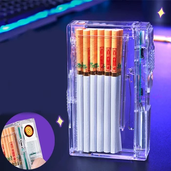 Новый прозрачный Тонкий портсигар двойного назначения Type-C, перезаряжаемая USB-зажигалка, Ветрозащитная Беспламенная коробка для сигарет, гаджет для курильщиков