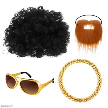 Комплект костюмов в стиле хип-хоп, обалденный парик в стиле афро, Солнцезащитные очки, Золотое ожерелье в стиле диско для тематических вечеринок 50/60/70-х, украшения, реквизит для косплея