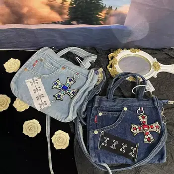 Самодельные джинсовые сумки Y2K Hot Girls с винтажными заклепками, женские сумки через плечо, ретро женские маленькие сумки-тоут, курьерские сумки-мессенджеры