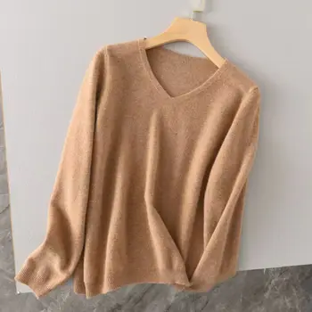 Вязаный свитер из 100% кашемировой шерсти с V-образным вырезом, женский свитер 2023, осень-зима, элегантный универсальный теплый пуловер, джемпер Pull Femme Hiver,