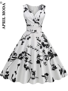 2023 Женское винтажное платье с цветочным рисунком, элегантный коктейльный сарафан для выпускного вечера, без рукавов, V-образный вырез, Трапециевидные повседневные летние платья, раскачивающиеся подиумы, Pinup