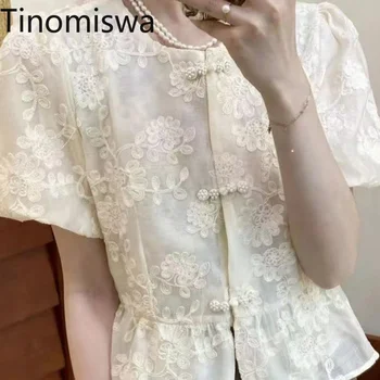 Блузка в китайском стиле Tinomiswa, Женская Блузка с круглым вырезом и коротким рукавом, 3D Украшение, Дизайн пуговиц, Вышивка, Универсальные Кружевные Рубашки, Femme