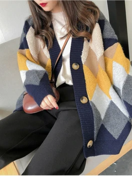 Модный женский свитер 2023 года, Новый осенне-зимний кардиган с длинными рукавами в ромбовидную клетку, Корейская версия, свободный контрастный трикотажный топ