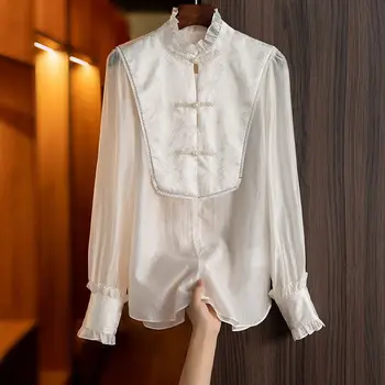 2023 китайский стиль традиционный топ hanfu Винтажная рубашка с жемчужными пуговицами женская изящная блузка lady ol style qipao top a779