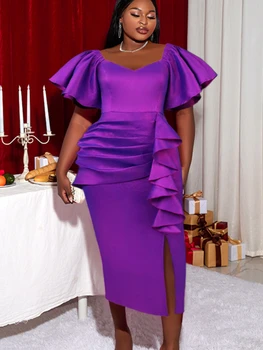 Женское Блестящее Фиолетовое Платье Party Evening Bodycon С Рюшами Сбоку И Летящим Рукавом Slim Fit Midi Dress Скромное Vestidos De Fiesta