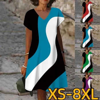 Новое летнее женское платье свободного кроя с V-образным вырезом и коротким рукавом 2023, длинное платье-пуловер в полоску с контрастным принтом