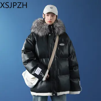2023 Новое женское пуховое хлопчатобумажное пальто, зимняя куртка, женские свободные парки с капюшоном, утепленный хлебный костюм, верхняя одежда, пальто из искусственной кожи, мех