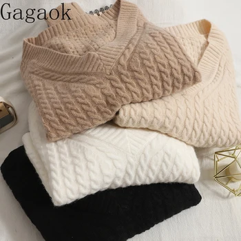 Короткий пуловер Gagaok, свитер с V-образным вырезом, тонкий стиль, осень 2021, универсальный однотонный уличный топ с корейским узором, вязаный