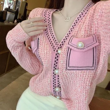Корейский модный Розовый свитер с V-образным вырезом, Вязаный кардиган с длинным рукавом, пальто с жемчужными пуговицами, осень-зима, винтажная уличная одежда, Короткие топы, Новинка