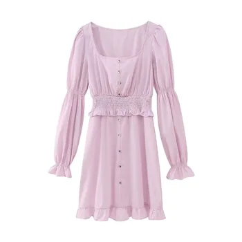 2023 Новое женское Розовое платье Модное мини-платье с круглым вырезом и длинным рукавом на талии, Модное праздничное платье с эластичной резинкой на талии для отдыха