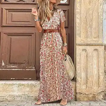 Женское длинное платье с цветочным принтом, модные богемные летние пляжные платья с V-образным вырезом