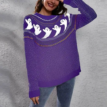 Женский вязаный свитер на Хэллоуин с милым рисунком, уличная готическая одежда с длинными рукавами