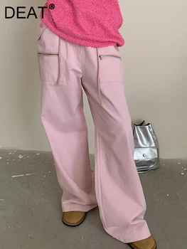 Модные Женские джинсовые брюки со свободным шнурком, Розовые карманы, хлопковые брюки с широкими штанинами во всю длину, осень 2023, Новинка 7AB335