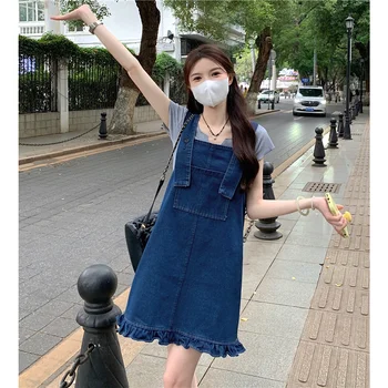 Женское летнее джинсовое платье в корейском стиле 2023, Новые повседневные платья без рукавов с рюшами и прямыми ремешками, шикарный студенческий наряд для леди