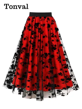 Tonval, винтажная длинная юбка из сетчатого материала с цветочным рисунком, эластичный пояс, Элегантные летние плиссированные расклешенные юбки