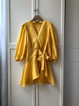 Новое желтое льняное платье на весну и лето с бантиком сбоку на шнуровке