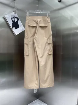 Осень 2023, новая металлическая пряжка с буквами, большой карман, рабочий стиль, Свободная талия, прямые брюки, широкие повседневные брюки