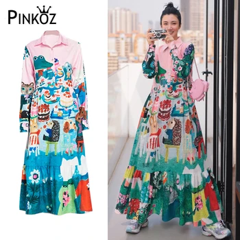 Женское дизайнерское платье макси с цветочным рисунком и отложным воротником с длинным рукавом свободного размера Pinkoz