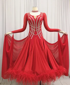 Красное платье для вальса с длинным рукавом, женские современные платья для бальных танцев, высококачественная стандартная юбка для бальных танцев